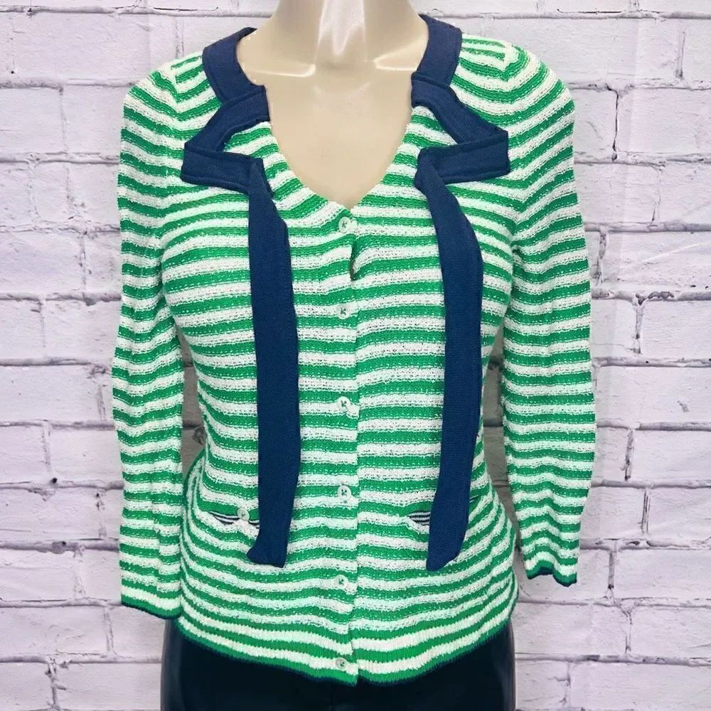 Anthropologie HWR Womens Multi Color Striped Puff Sleeve Navy Tie Cardigan Small